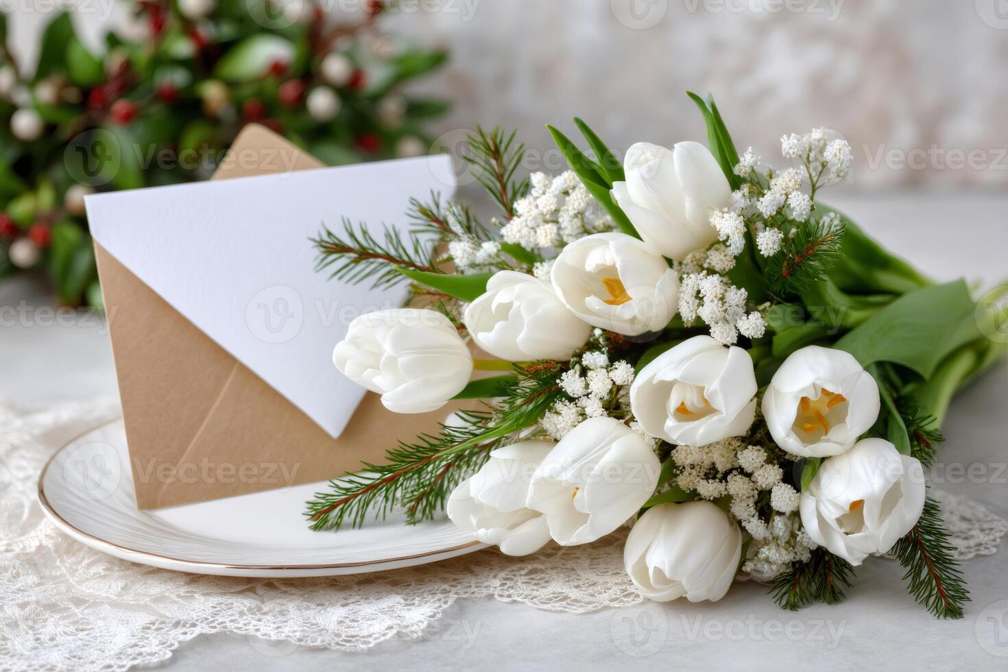 White tulips bouquet and blank greeting card resting on elegant plate photo