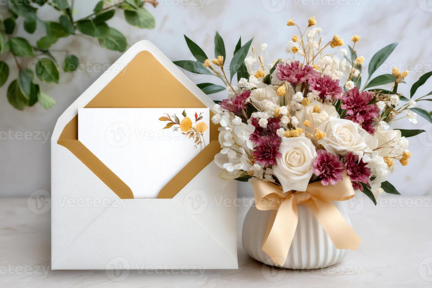 Elegant white and gold envelope containing a blank card near a bouquet of flowers photo