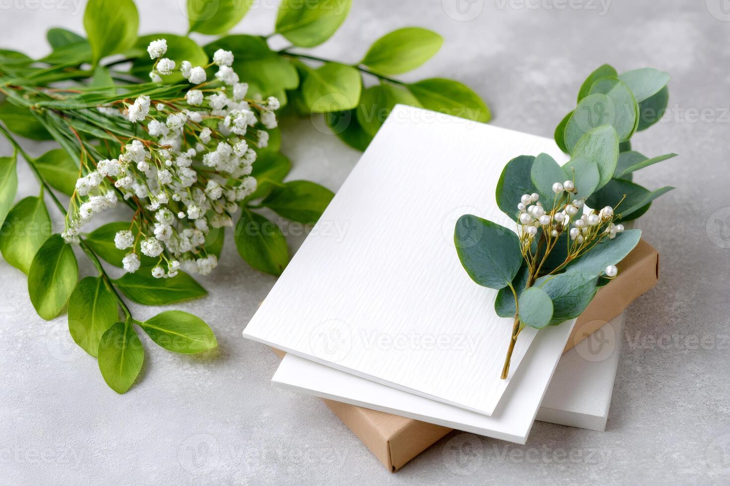 Wedding invitation cards with eucalyptus and gypsophila paniculata decorating the scene photo