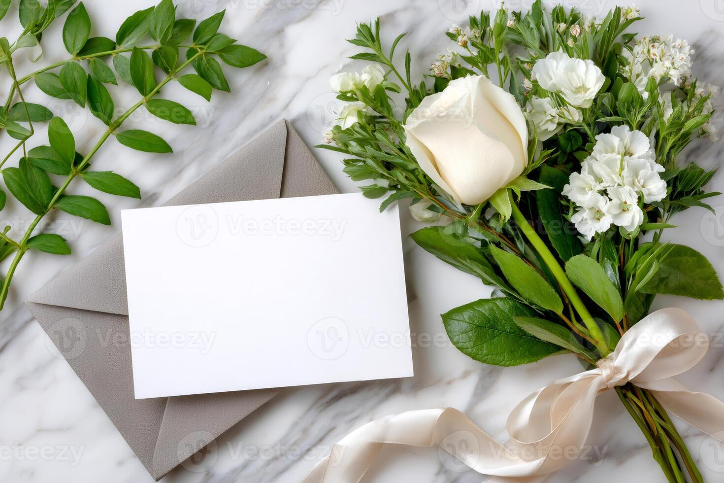 Bouquet of white roses laying on marble table next to blank card and gray envelope photo