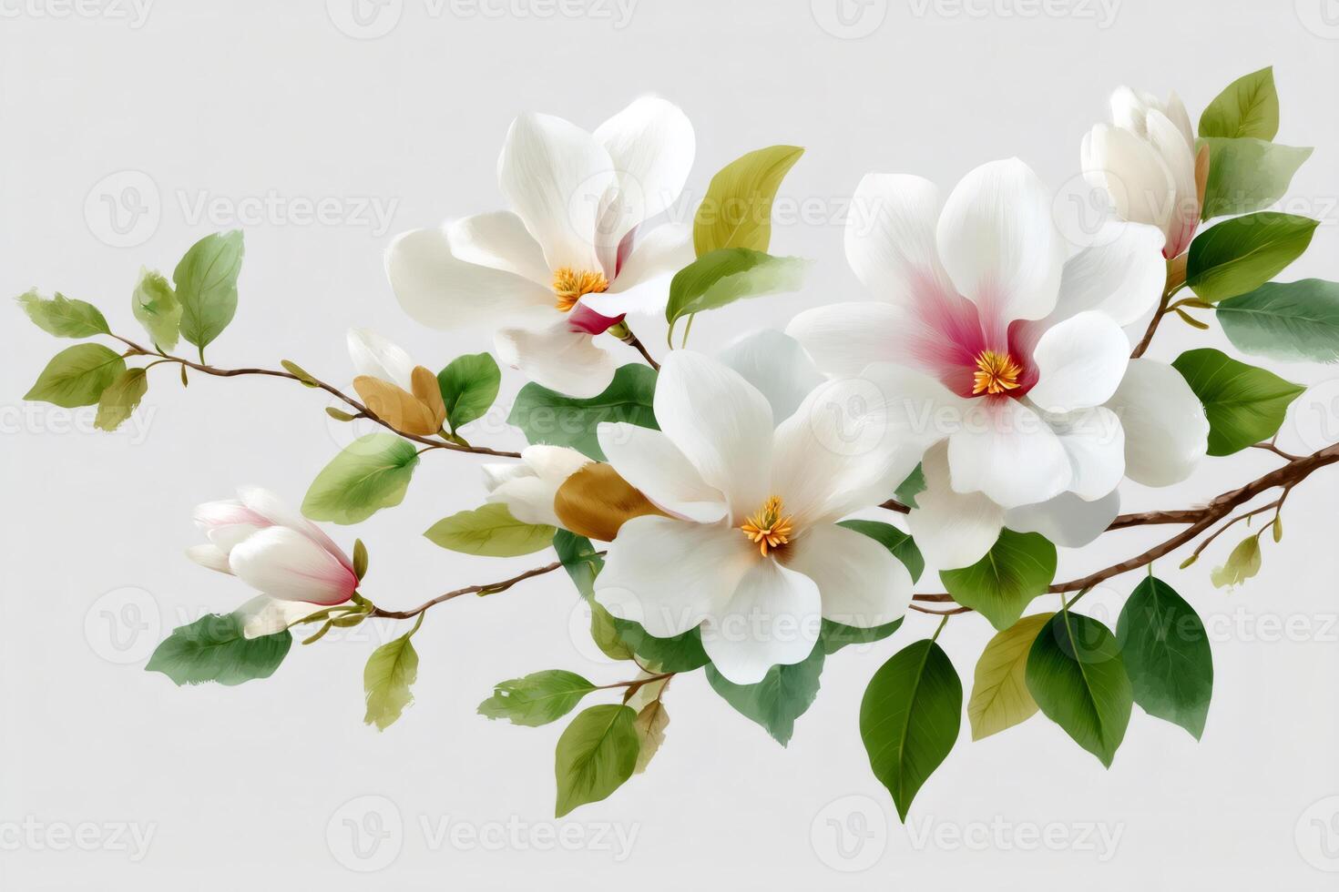 Magnolia flowers blooming on branch with green leaves photo