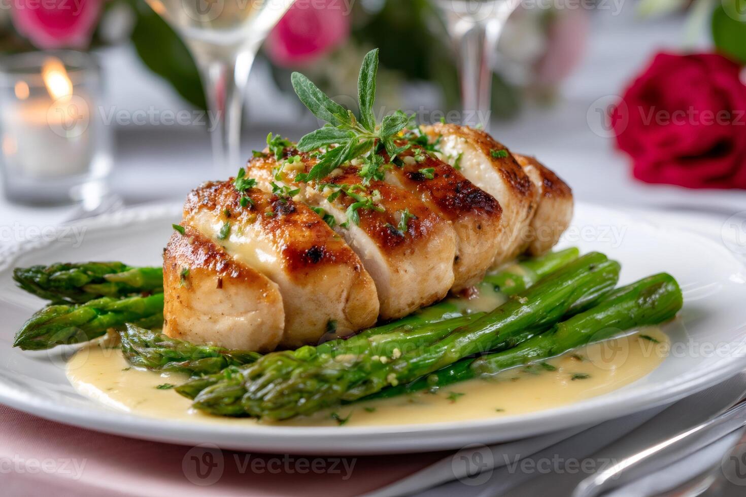 Sliced grilled chicken breast with asparagus and sauce on romantic dinner table photo