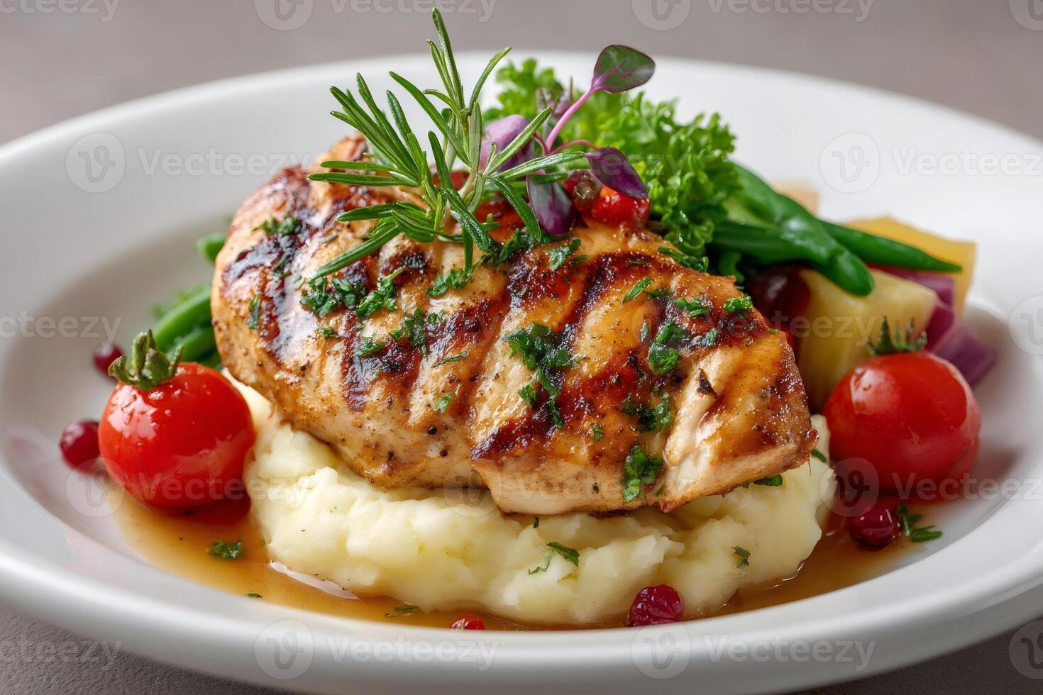 Grilled chicken breast resting on mashed potatoes with vegetables and gravy photo