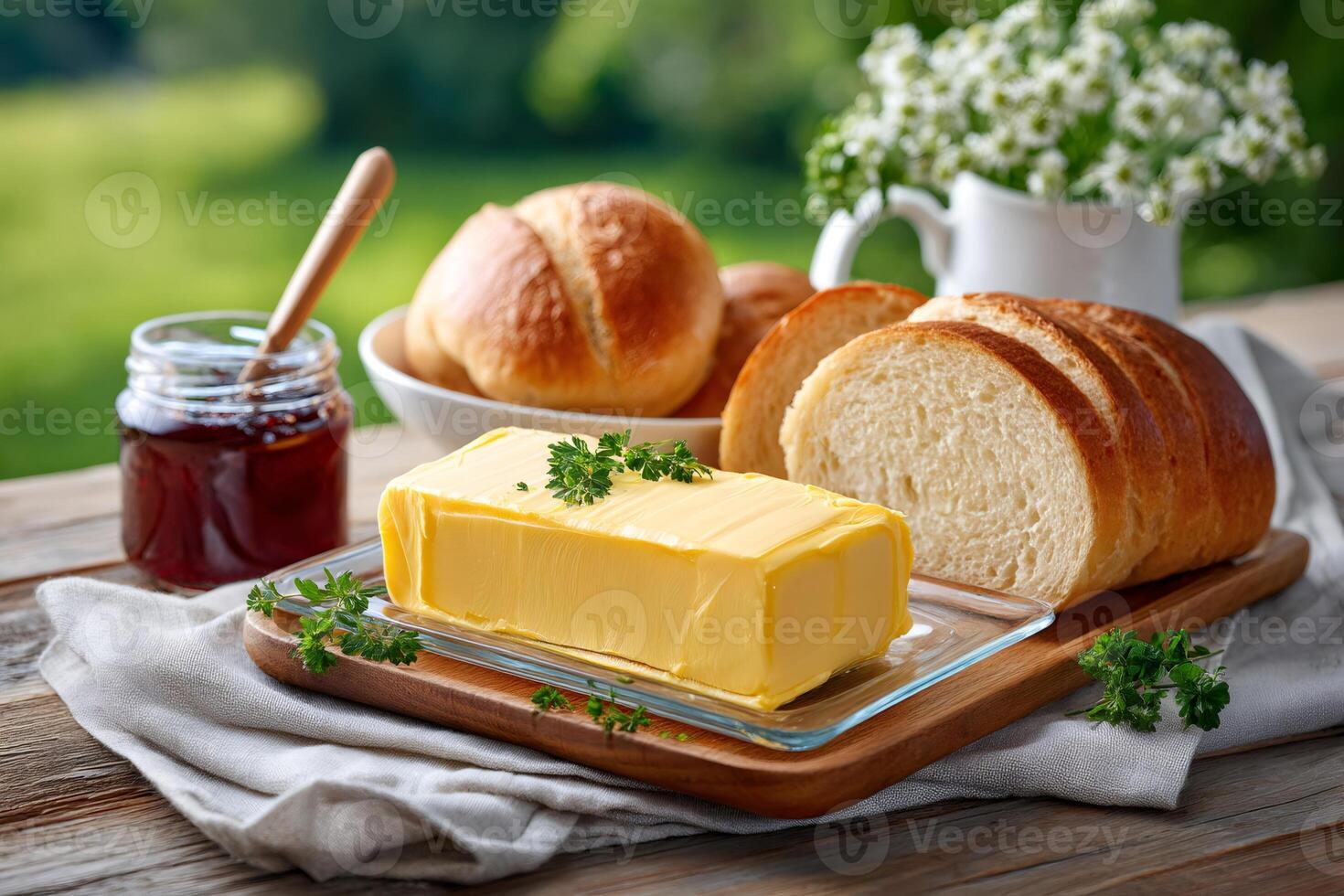 Butter, bread and jam composing a rich breakfast in the garden photo