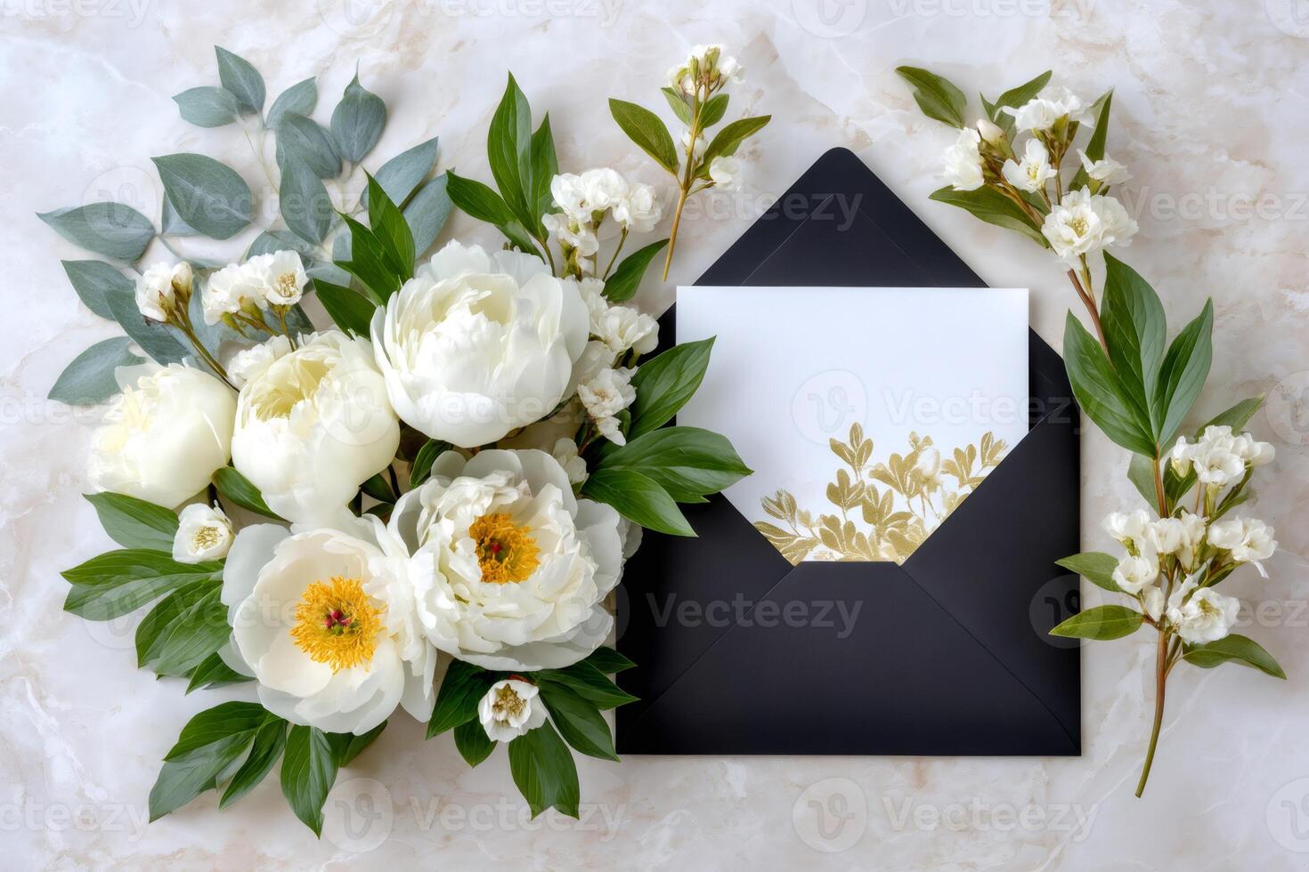 Elegant wedding invitation with white peonies and black envelope on marble table photo