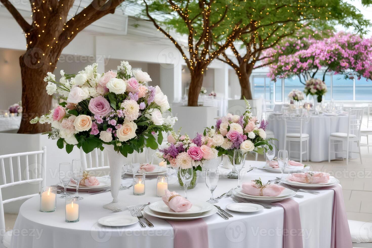 Wedding reception table setting with pink and white floral centerpiece under trees photo