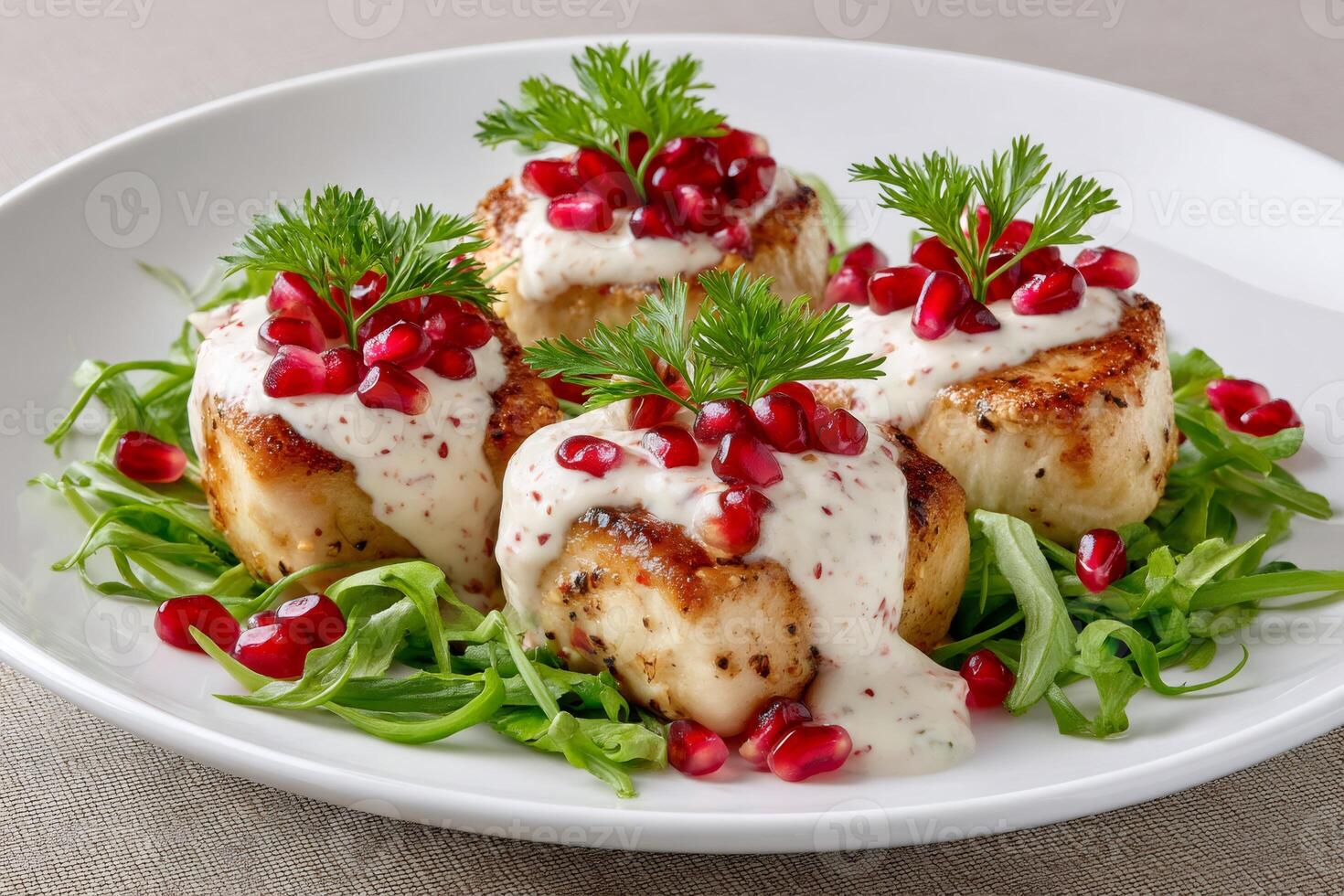 Pan seared scallops topped with creamy sauce, pomegranate seeds and fresh herbs photo