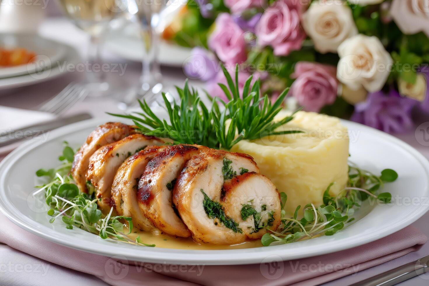 Sliced stuffed chicken breast with mashed potatoes, rosemary and microgreens on elegant restaurant table photo