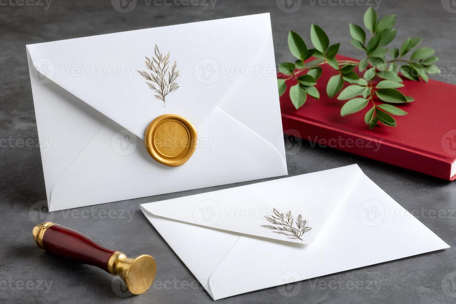 Two white envelopes with golden wax seals and vintage botanical design are ready to be sent photo