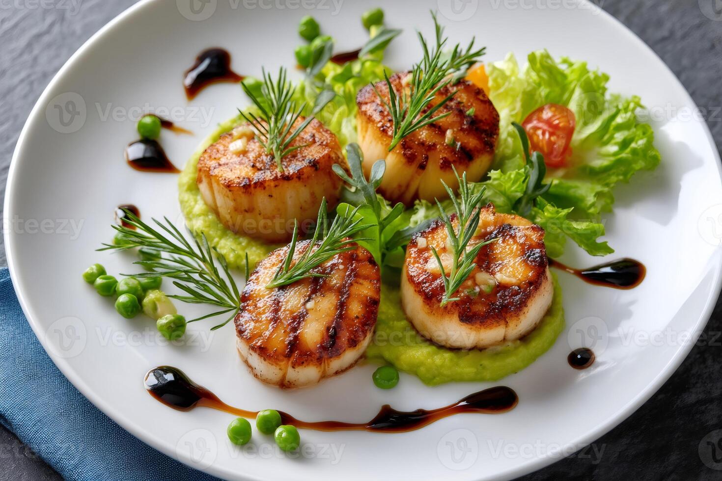 Grilled scallops resting on pea puree with fresh salad and balsamic vinegar photo