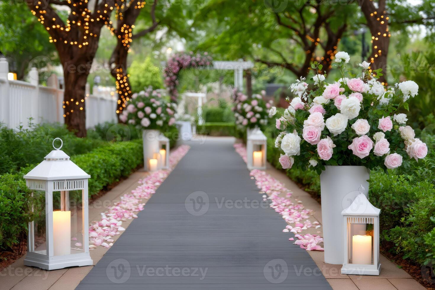 Wedding ceremony decorations including gray aisle, rose petals, white lanterns and fairy lights illuminating trees photo