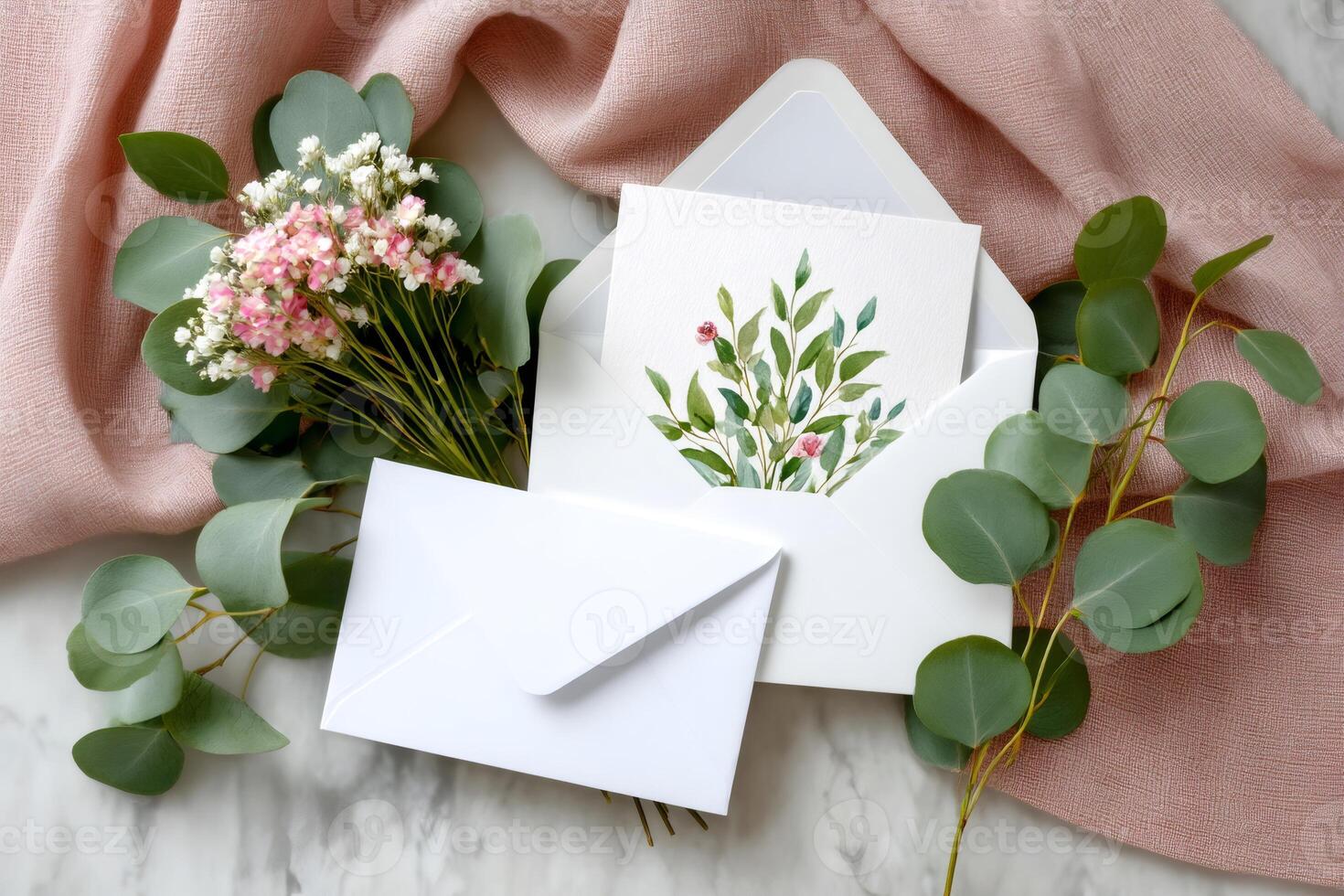 Wedding invitation card with eucalyptus leaves and pink flowers decorating a marble table photo