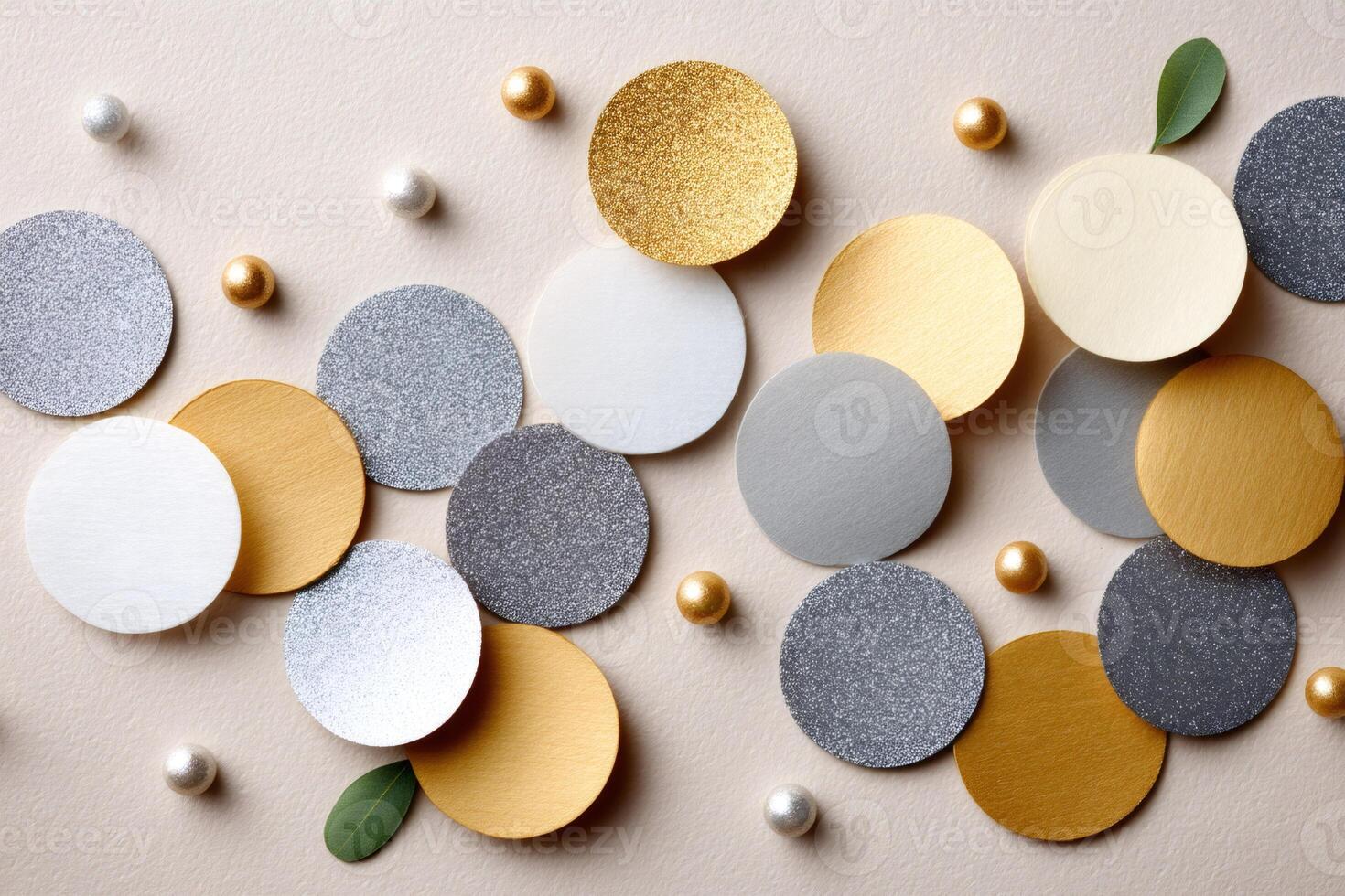 Gold, silver and white confetti forming a festive pattern with small decorative spheres photo