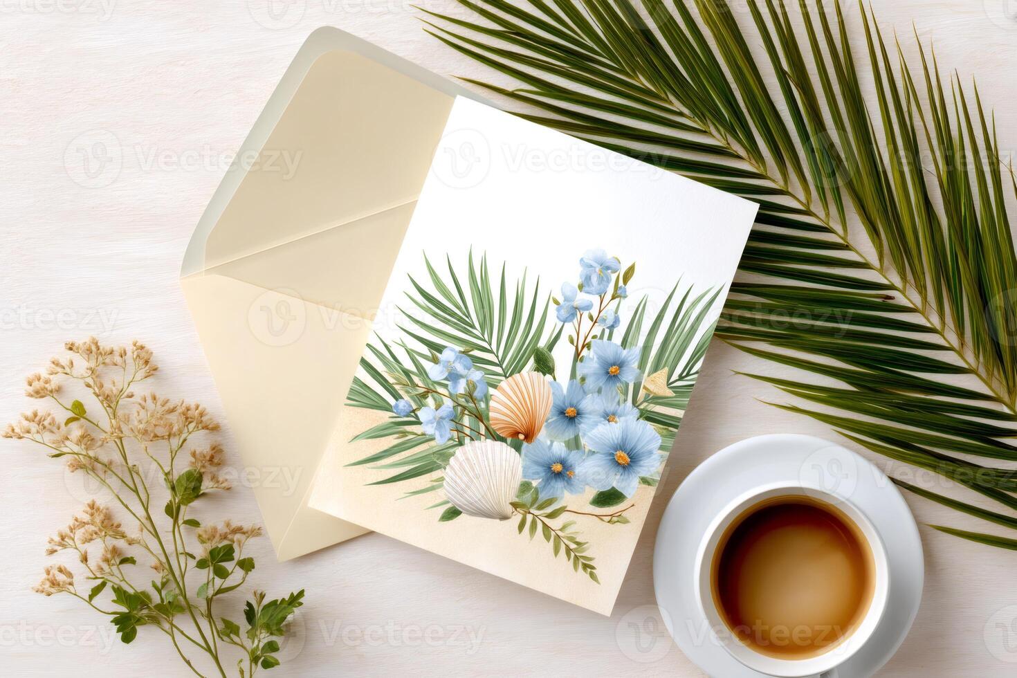 Seashells, blue flowers and palm leaves decorating a greeting card with envelope on white table with coffee and dried flowers photo