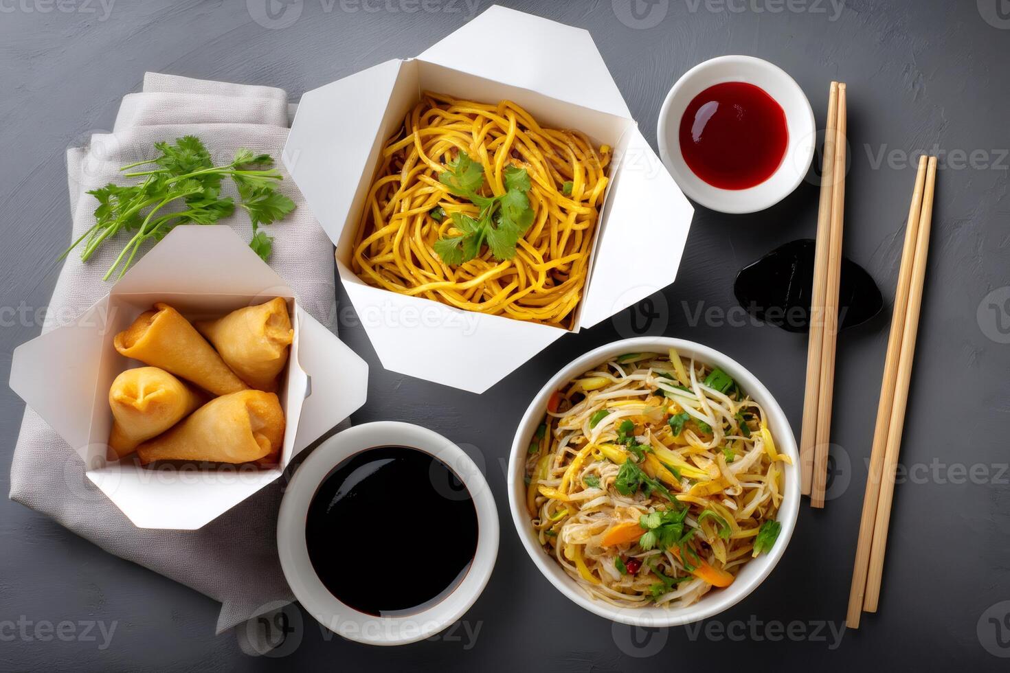 Chinese noodles and spring rolls with sauces and chopsticks on dark background photo