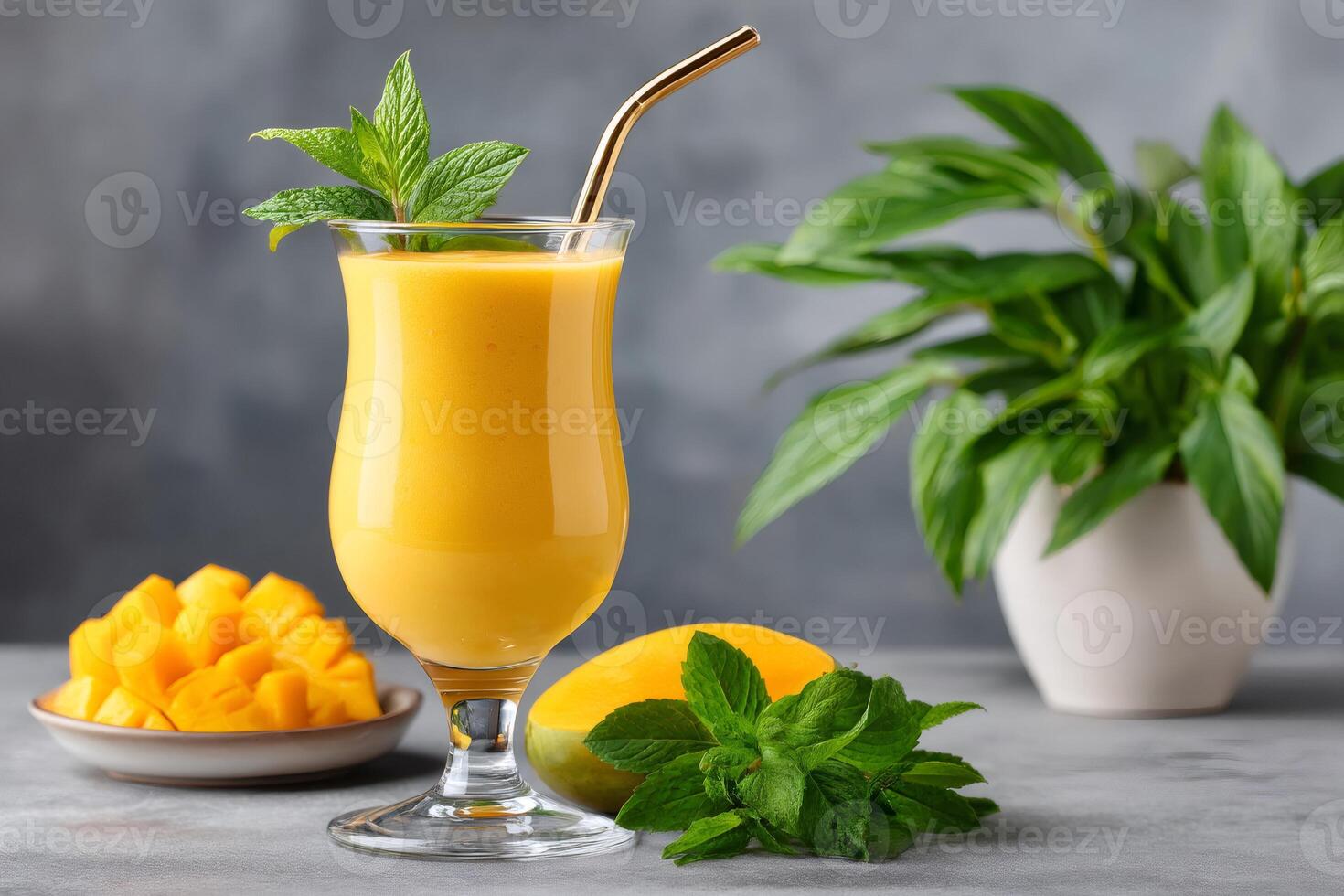 Refreshing mango lassi decorated with fresh mint leaves and reusable metal straw photo