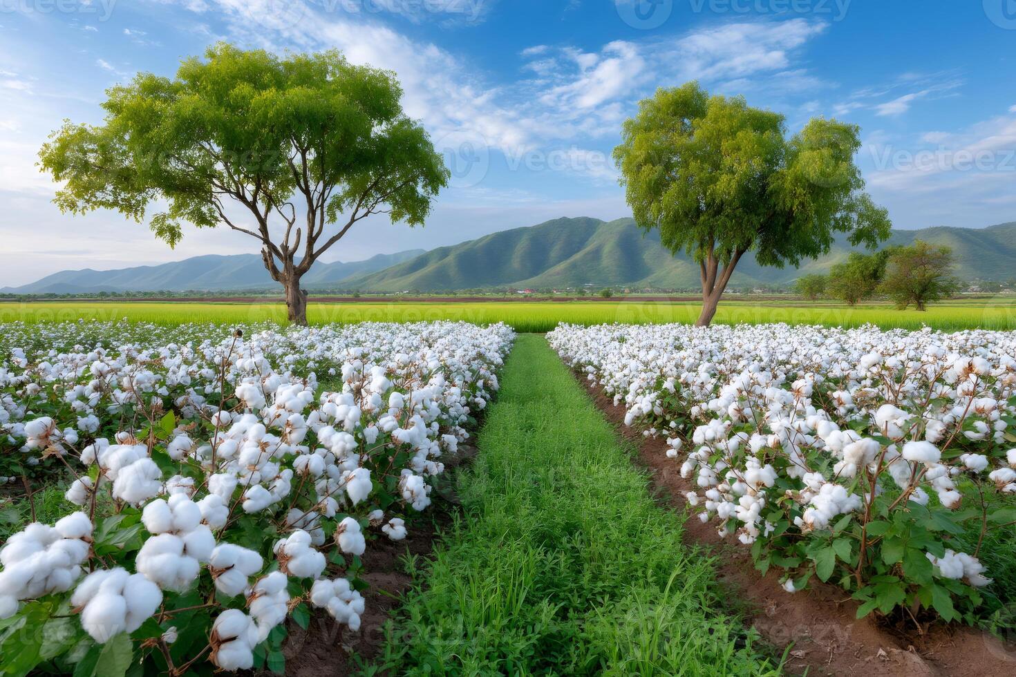 Lush cotton field growing under a bright blue sky photo