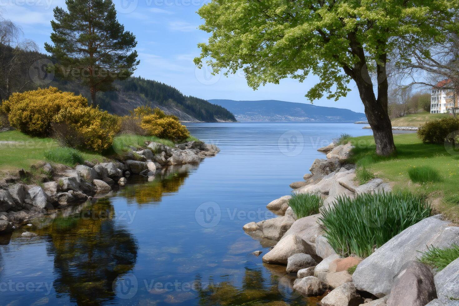 Small stream flowing into the norwegian fjord on a sunny spring day photo