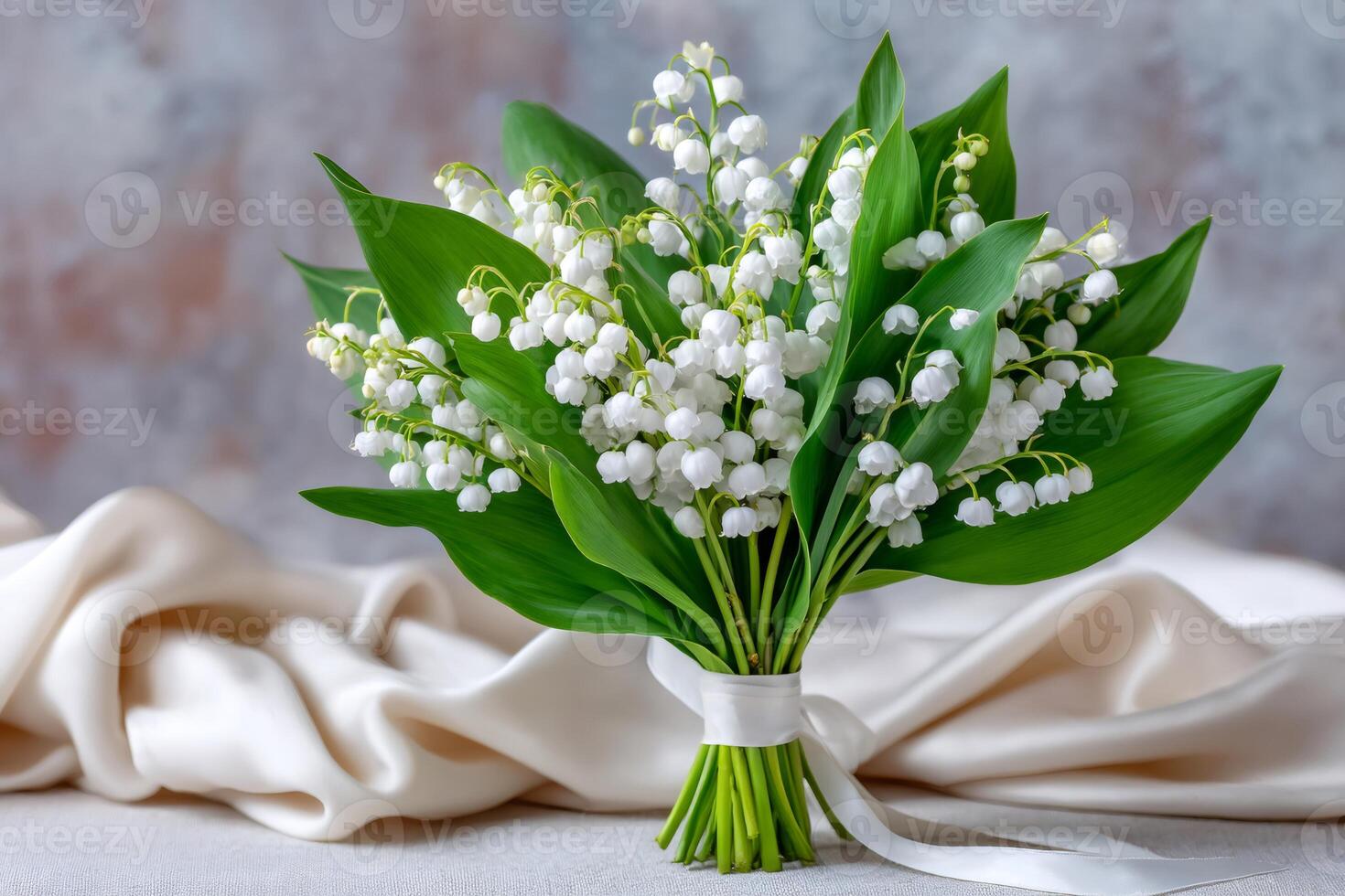 Delicate bouquet of lily of the valley flowers resting on soft beige satin photo