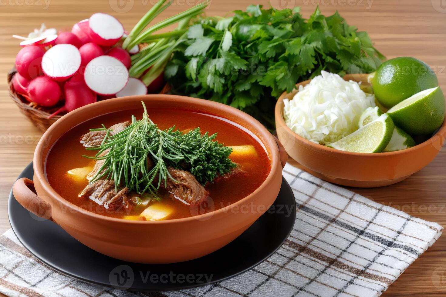 Mexican pozole with ingredients on wooden table photo