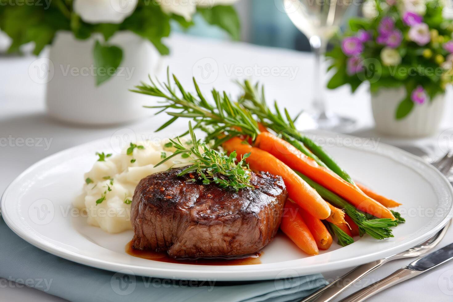 Juicy steak with mashed potatoes, carrots and rosemary resting on elegant white plate photo
