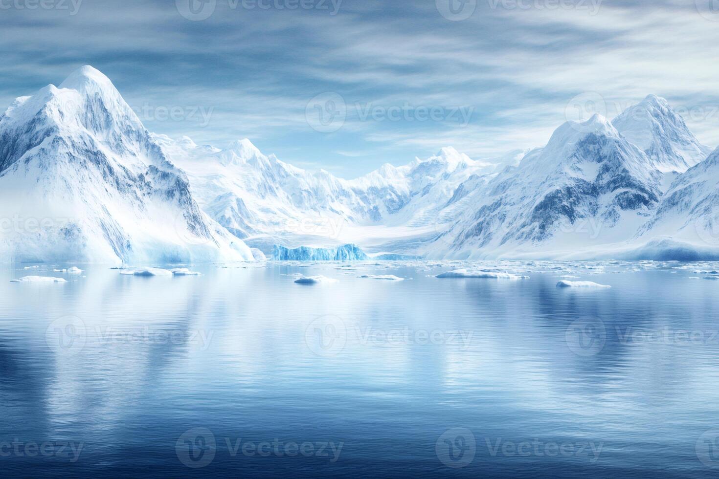 Arctic landscape reflecting in calm blue water with snowy mountains and icebergs photo