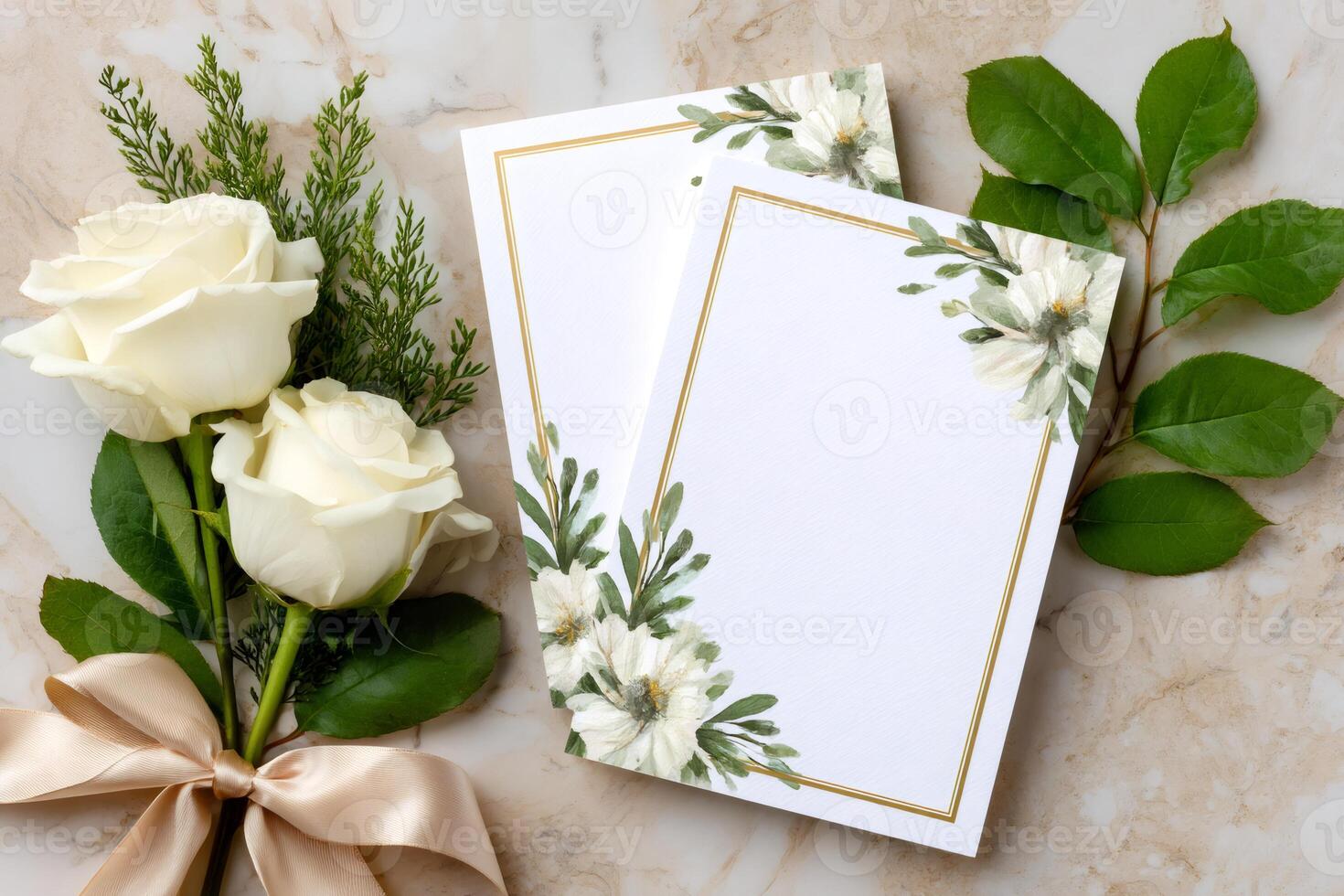 Wedding invitation cards with white flowers and leaves decorating corners lying on marble table next to white roses photo
