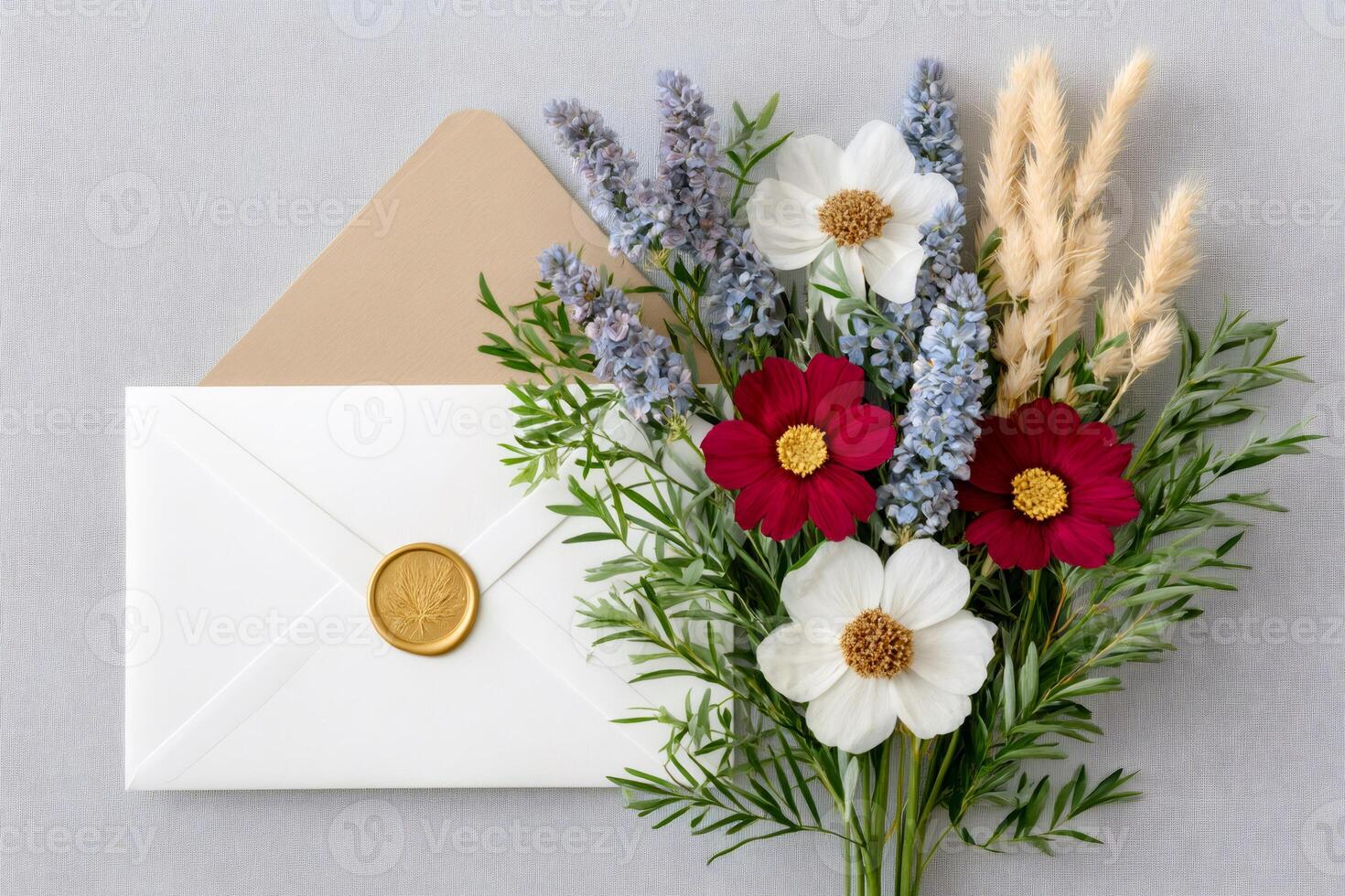 Colorful bouquet with wax sealed envelope is laying on gray background photo