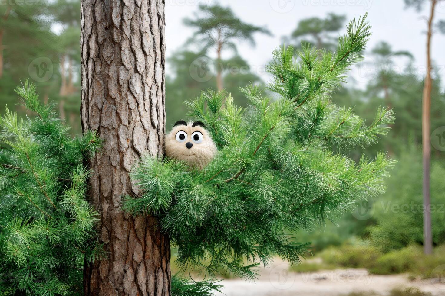 Cute fluffy character hiding behind pine tree in forest photo