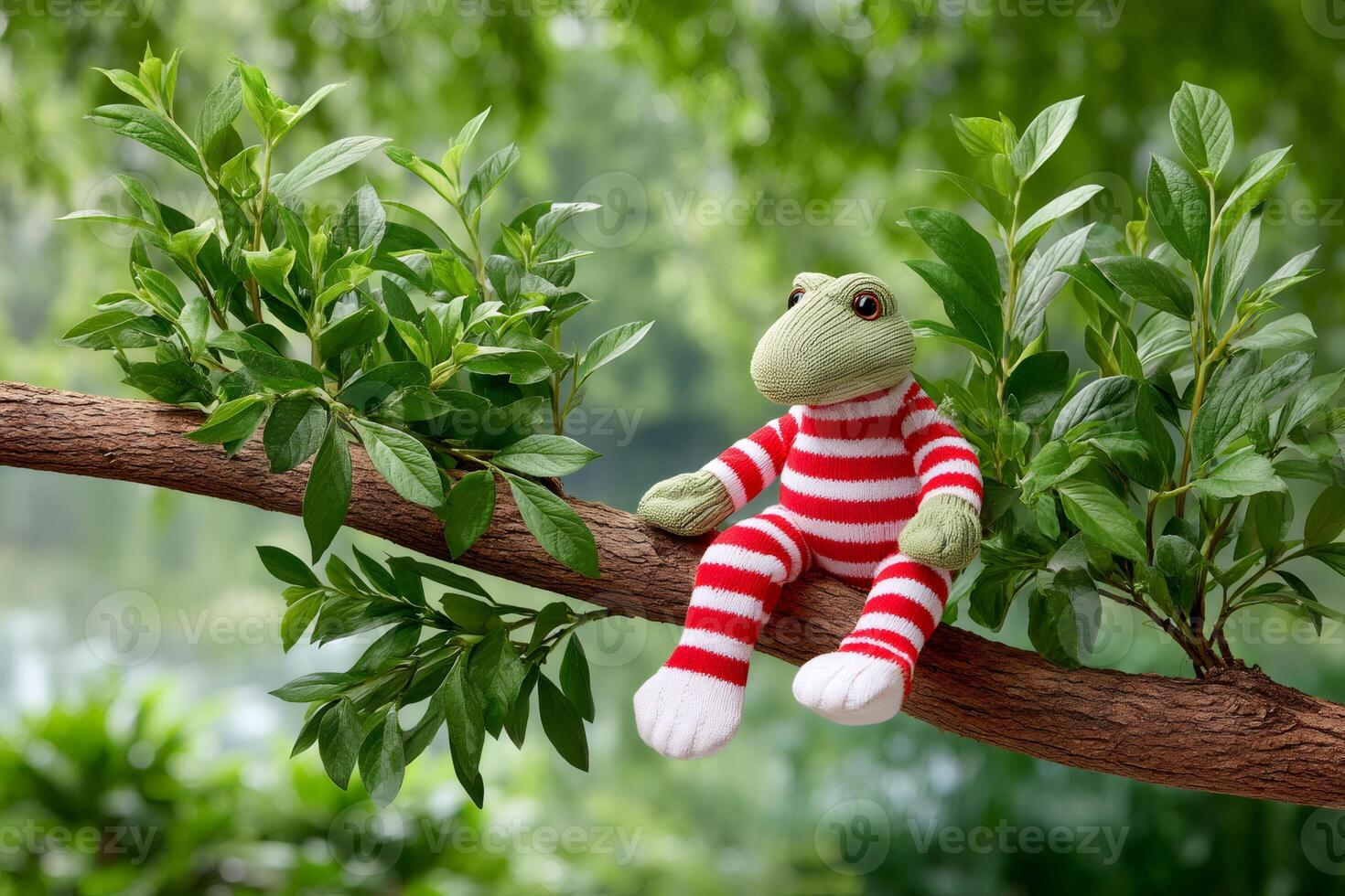 Knitted frog toy relaxing on tree branch in lush green foliage photo