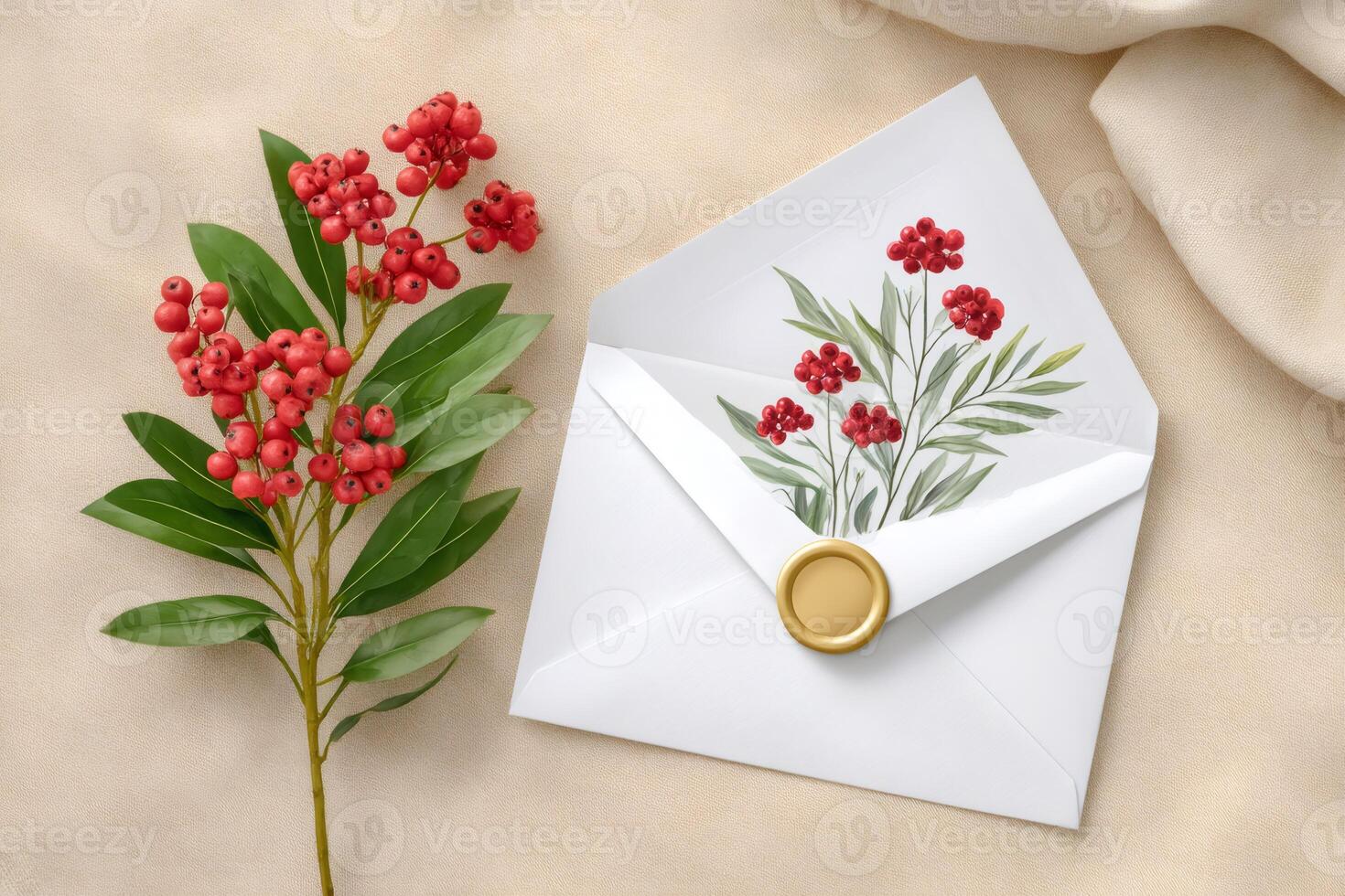 Christmas greeting card with red berries and golden wax seal lying on beige silky background photo