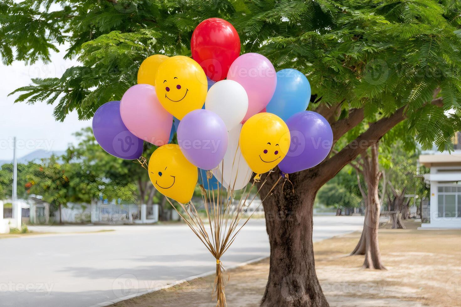 Colorful balloons with smiley faces floating near a tree photo