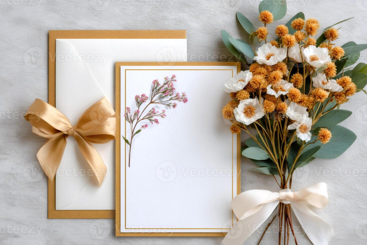 Wedding invitation, envelope and dried flowers bouquet lying on gray background photo