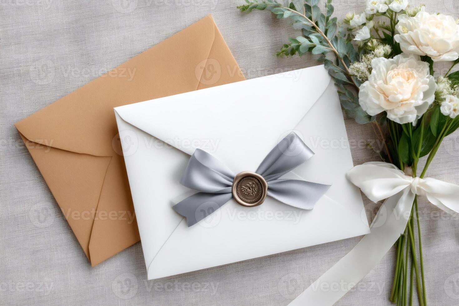 Wedding invitation envelopes with wax seal and ribbon near bouquet of flowers photo