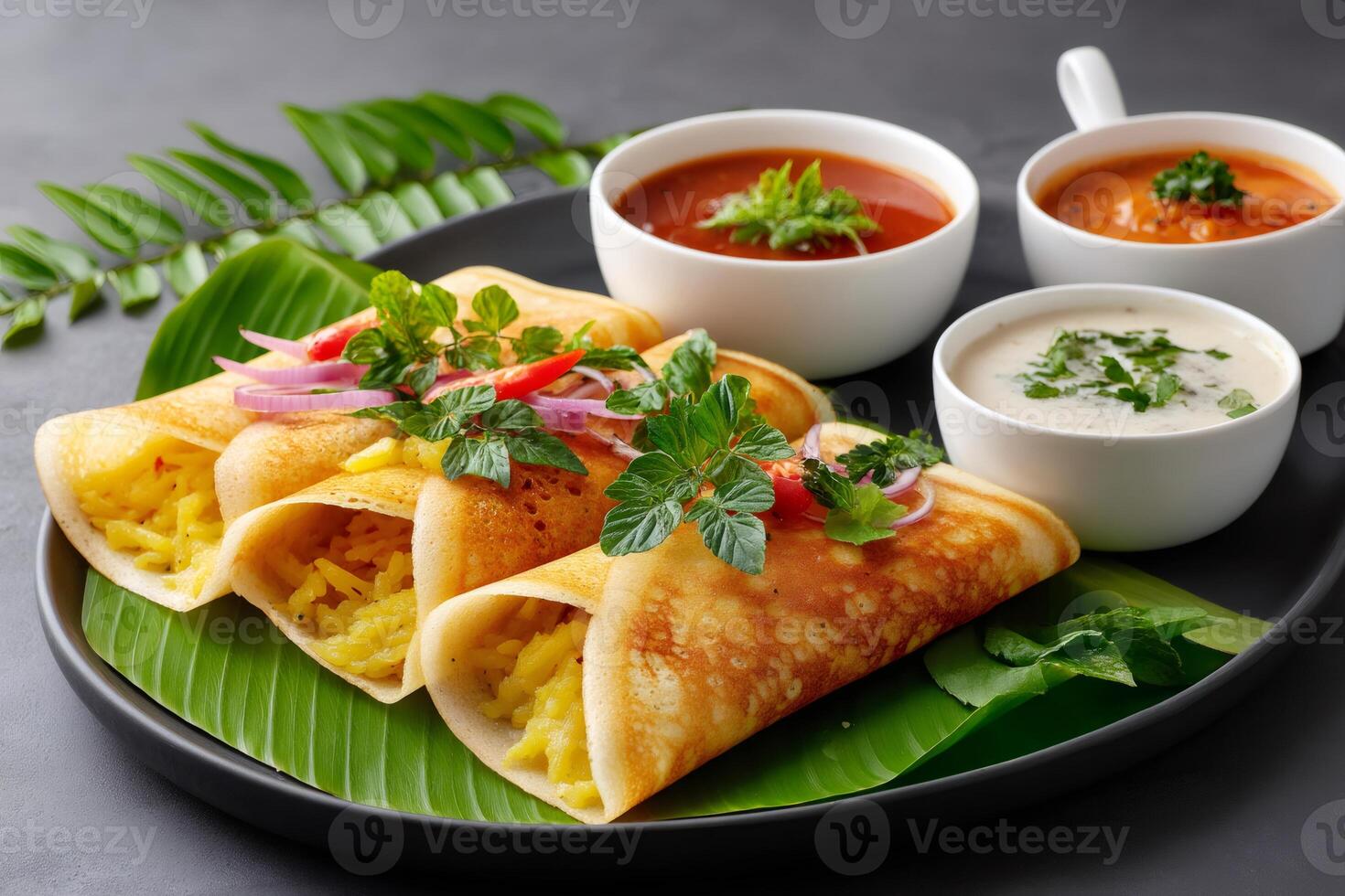 Masala dosa decorated with red onion and coriander being served with sambar, chutney and coconut chutney photo