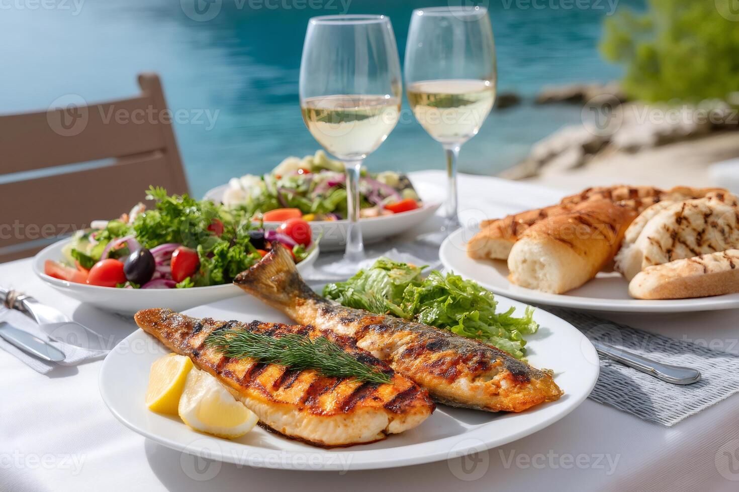 Grilled fish with salad and white wine enjoying sea view in a luxury restaurant photo
