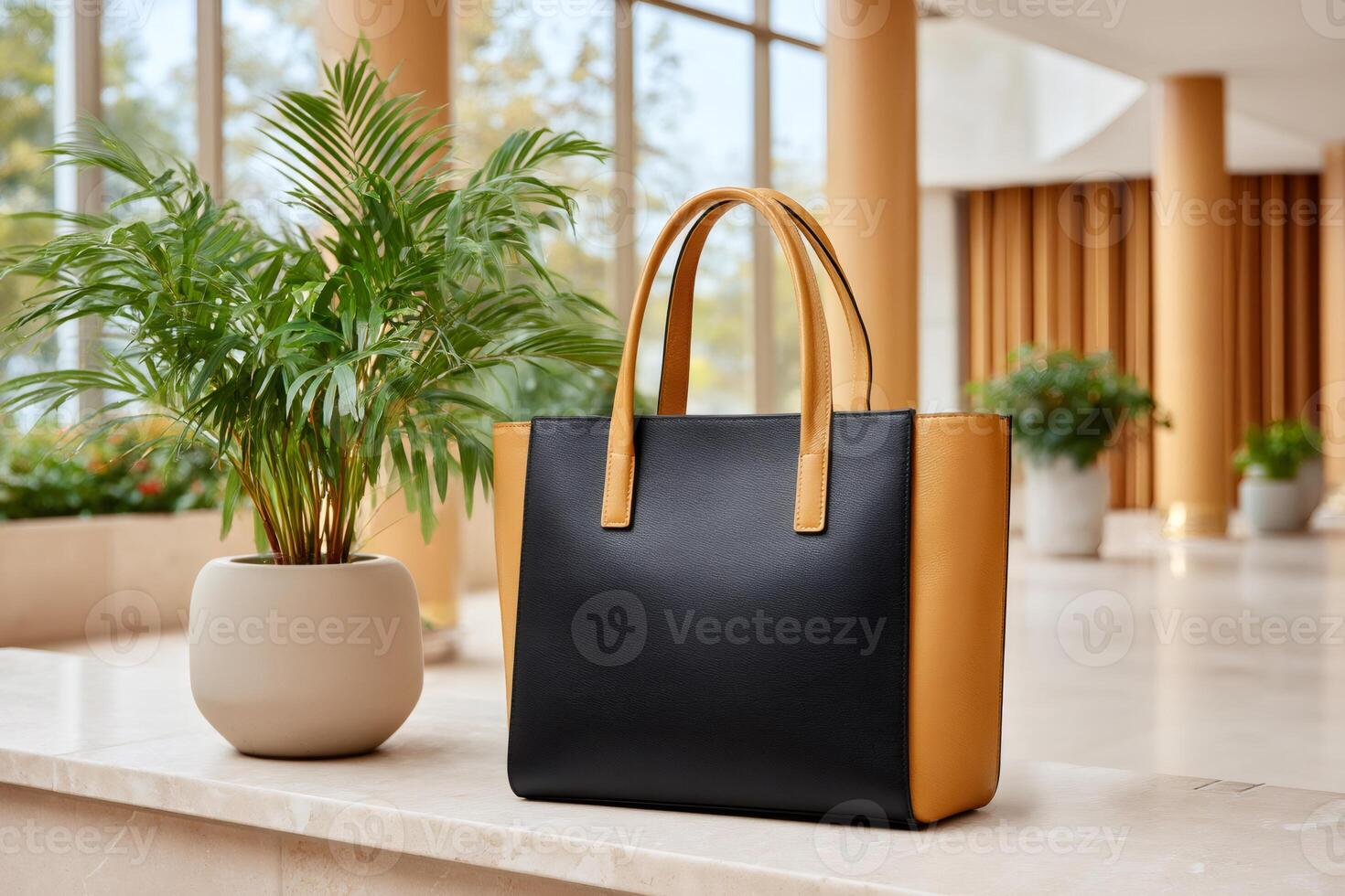 Elegant tote bag standing next to a potted plant in a modern building photo