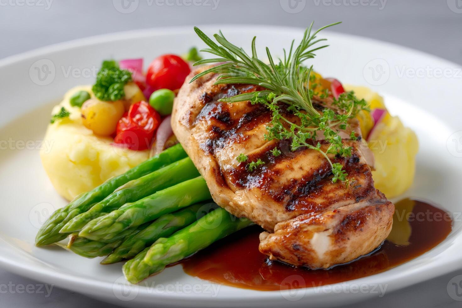 Grilled chicken breast resting on asparagus with mashed potatoes and vegetables, covered in gravy photo