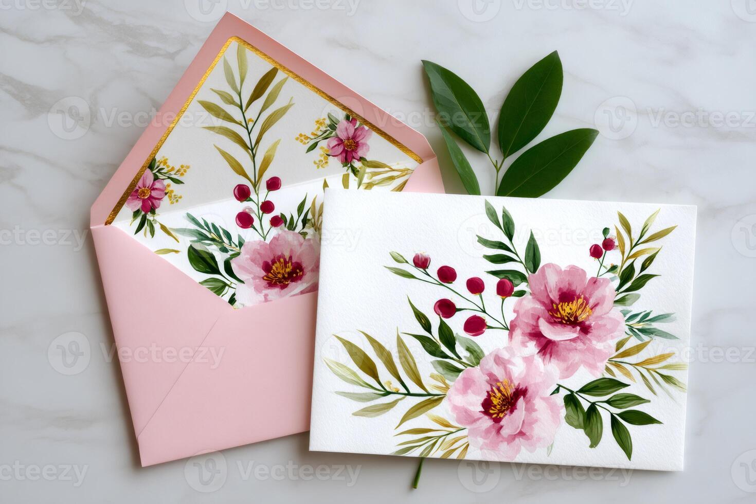 Elegant pink and gold wedding invitation suite with watercolor flowers and leaves photo