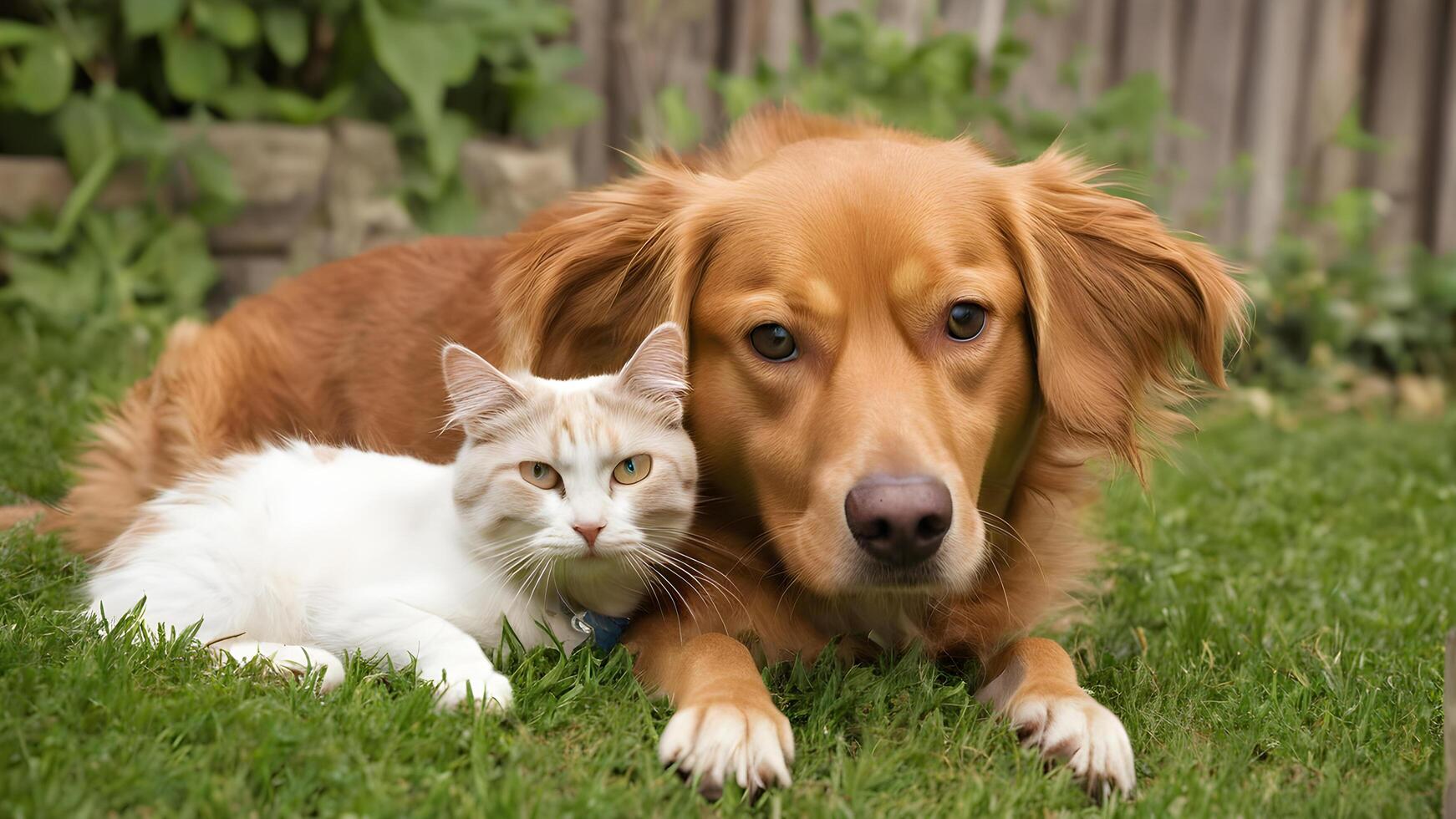 Dog and Cat Relaxing Together on Grass photo