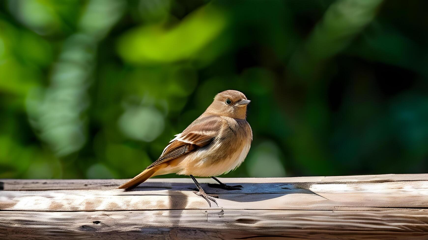 a small brown bird is sitting on a wooden log photo