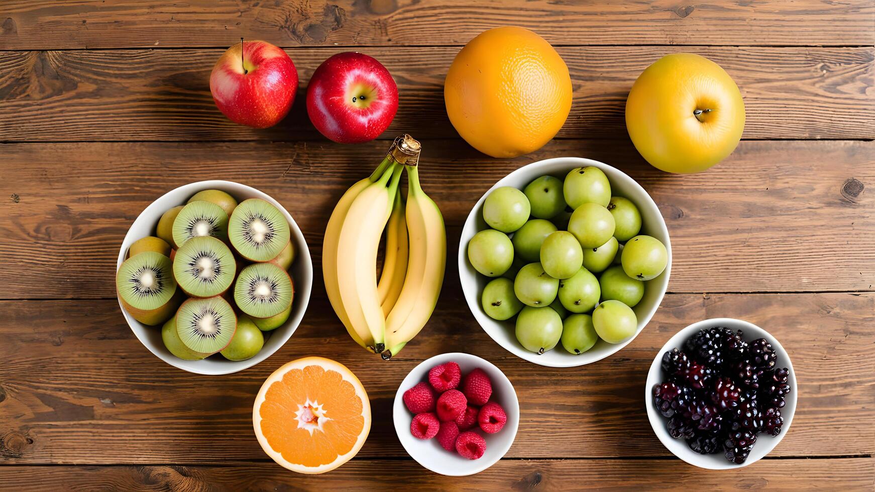 Healthy Assortment of Fruits on Wooden Table photo