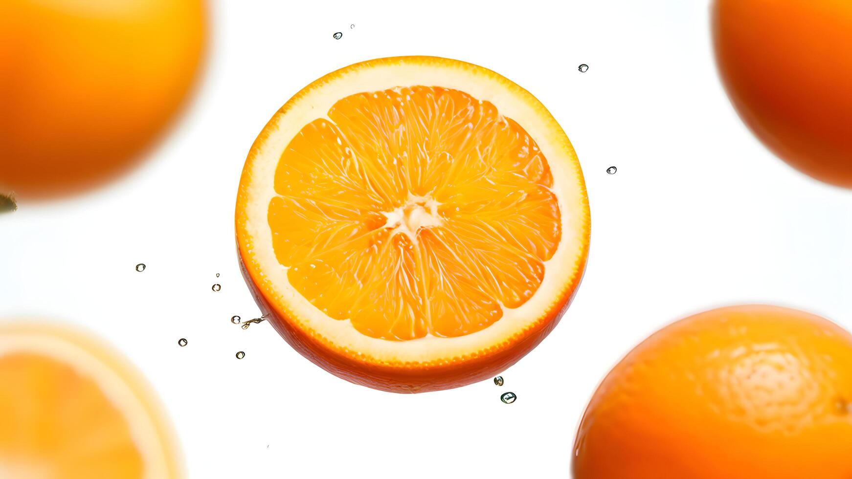 Fresh Oranges with Water Drops on Wooden Table photo