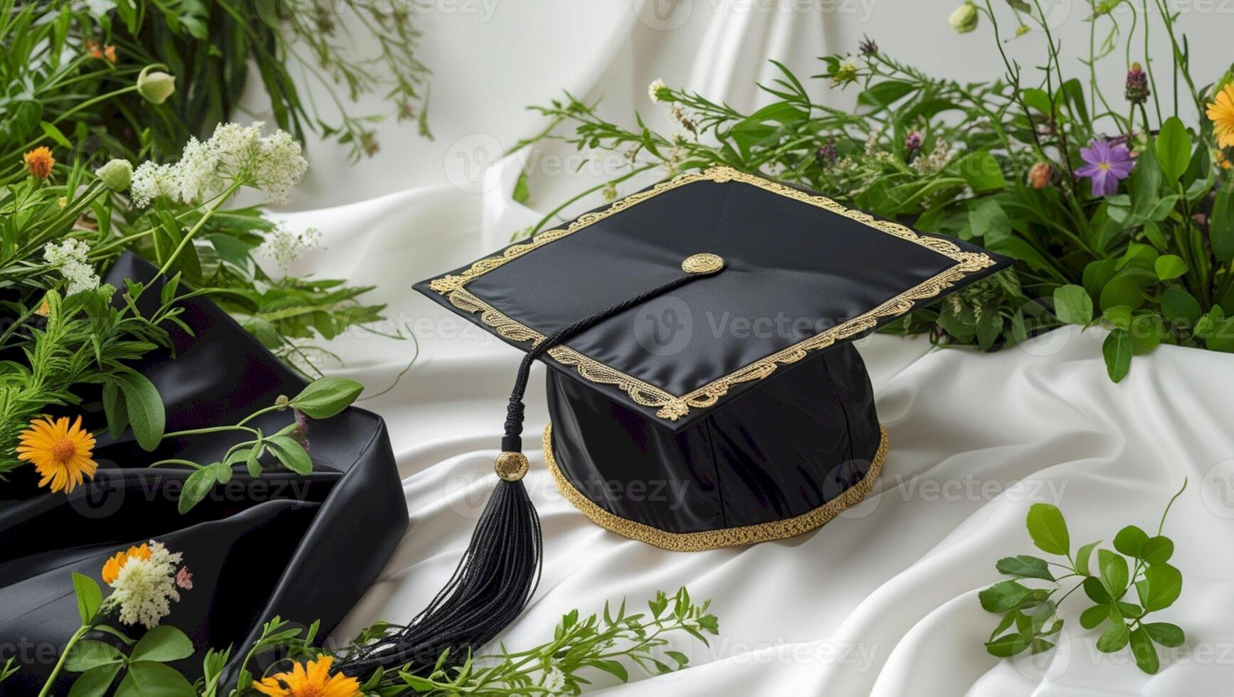 A graduation cap and tassel on a white cloth photo