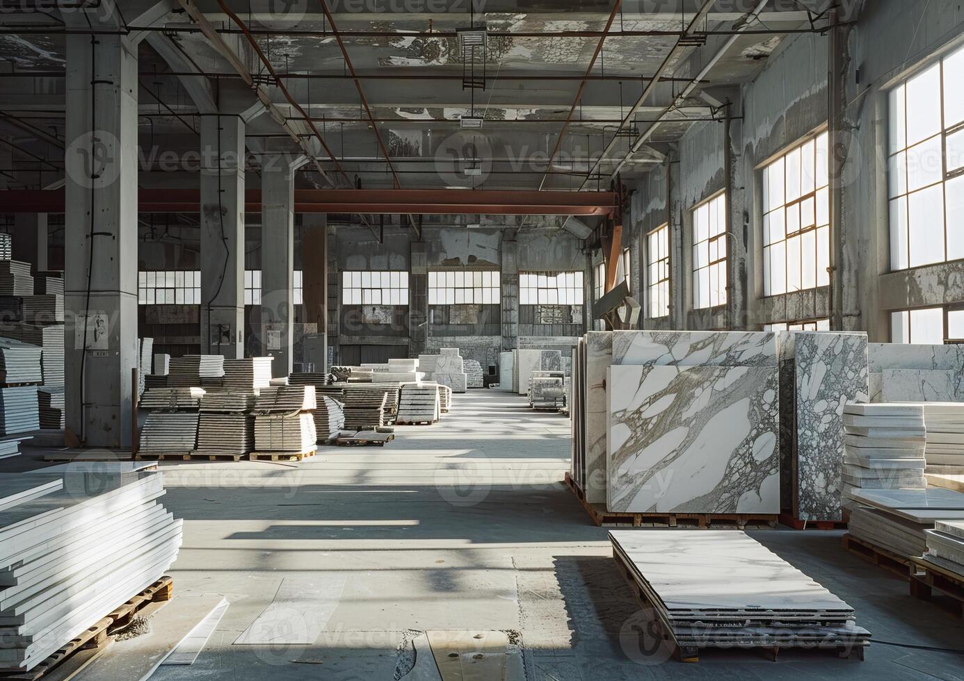 Bright sunlight illuminates a spacious warehouse filled with neatly stacked white marble slabs, showcasing their varied patterns and textures photo