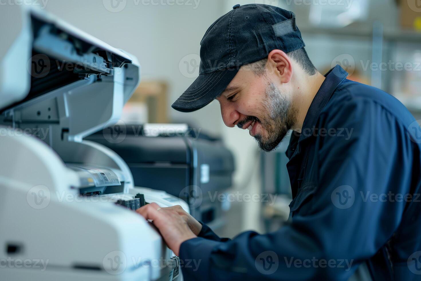 A technician focused on fixing a copy machine in a well-lit office space while ensuring proper functionality and troubleshooting photo