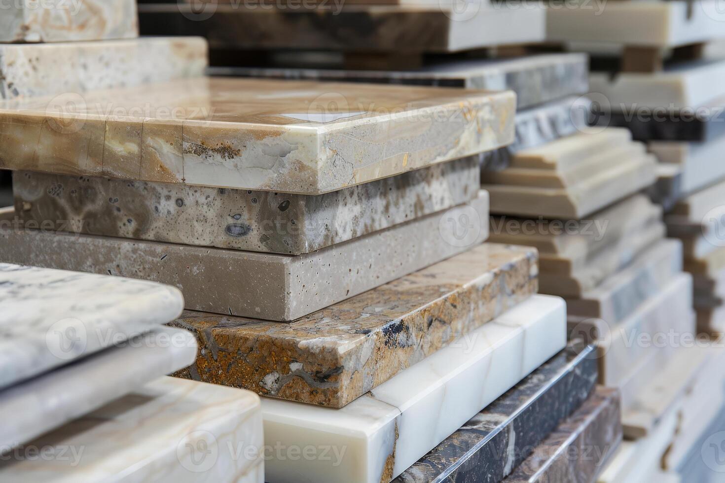 A collection of marble slabs stacked in a workshop, displaying different shades and textures, ready for crafting and design projects photo