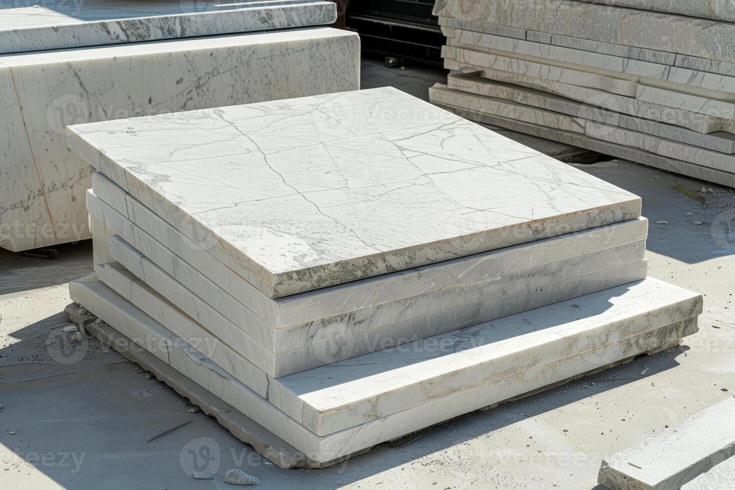 A display of neatly arranged white marble slabs in a shop, highlighting their smooth texture and elegance for architectural use photo