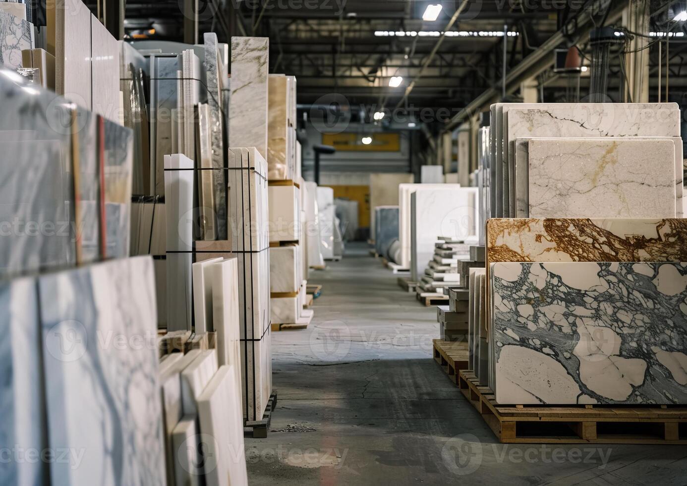 Marble slabs fill a spacious warehouse, showcasing various colors and patterns suitable for construction and design purposes photo