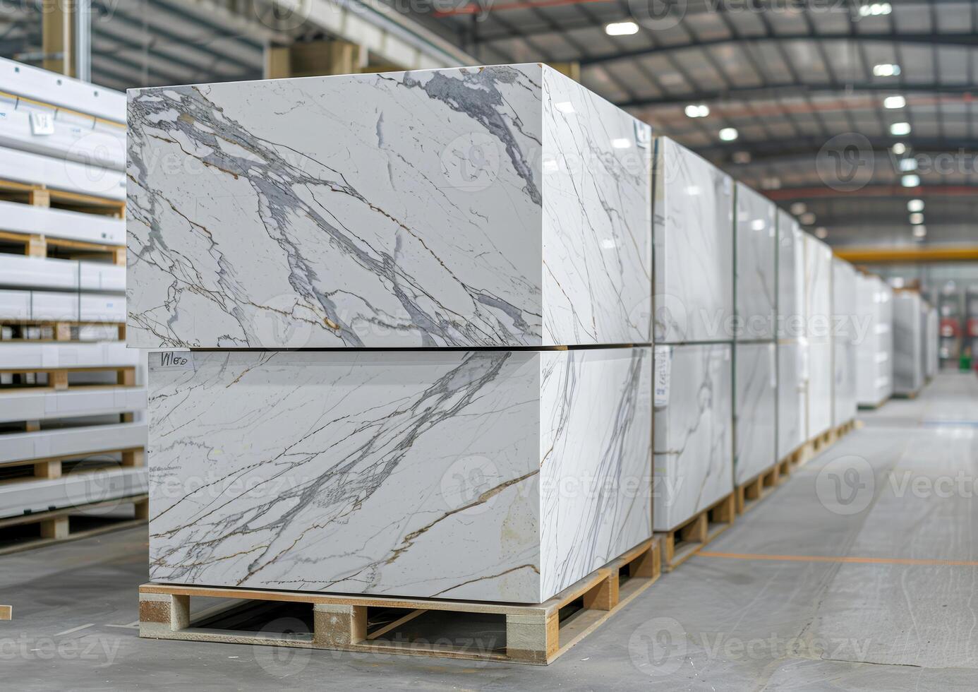 White marble slabs are stacked on pallets inside a spacious warehouse, prepared for transport to various construction sites photo